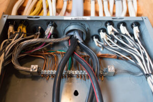 Exposed wires on electrical panel, open for repair.